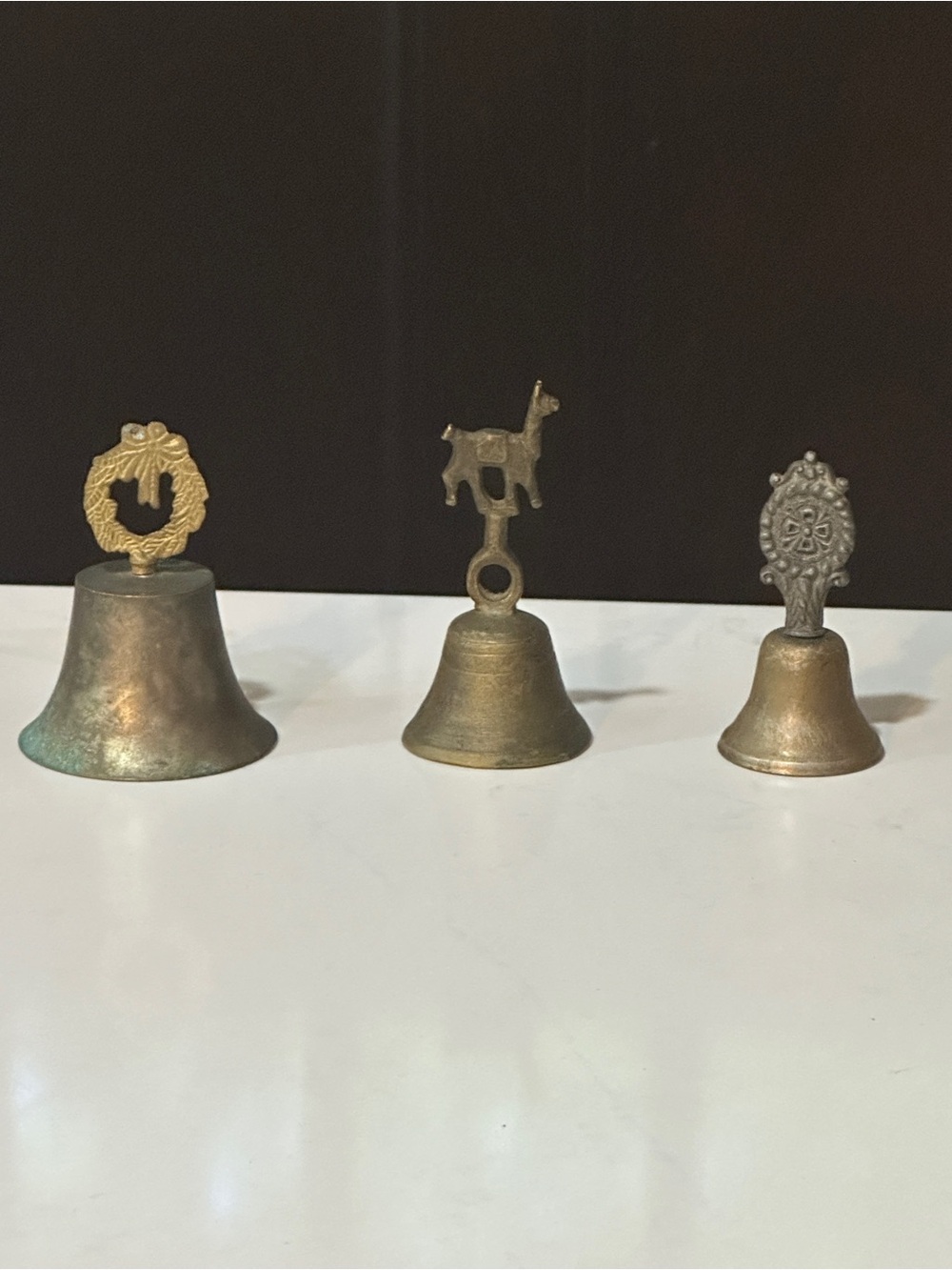 Vintage Brass Bells Ornate Embossed Llama Christmas’s 1997 Set of 3 Patina